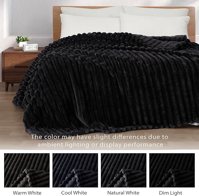 Exclusivo Mezcla Twin Size Flannel Fleece Blanket, Super Soft Striped Jacquard Bed Blanket, Lightweight Fuzzy Cozy for All Seasons, 60x80 Inches, Black