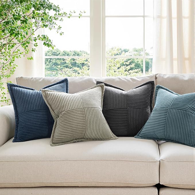 MIULEE Decorative Throw Pillow Covers for Couch Bed Livingroom 20x20 Inch Set of 2 Blue Boho Accent Throw Pllows Broadside Striped Patchwork Soft Corduroy Summer Coastal Pillowcases