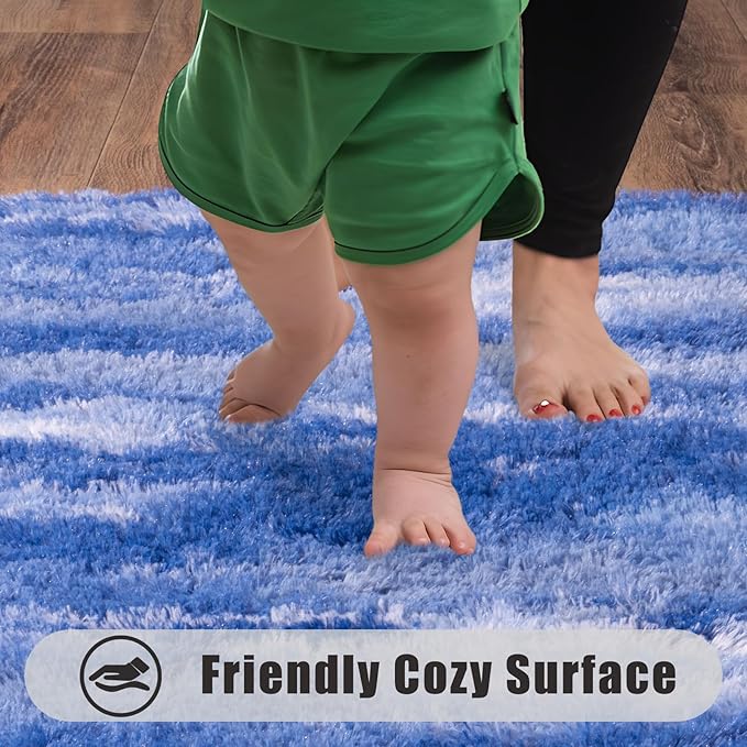 Soft Runner Rugs for Bedroom Hallways, 2x6 Abstract Blue White Fluffy Shag Throw Area Rug Non Slip for Bedside Dorm, Long Shaggy Furry Carpet for Nursery Living Room