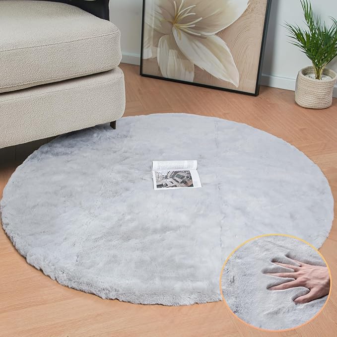 ORINOVA Grey Round Rug 3ft Machine Washable Shaggy Area Rugs for Living Room Faux Bunny Fluffy Fur Rug for Bedroom Small Circle Nursery Rug