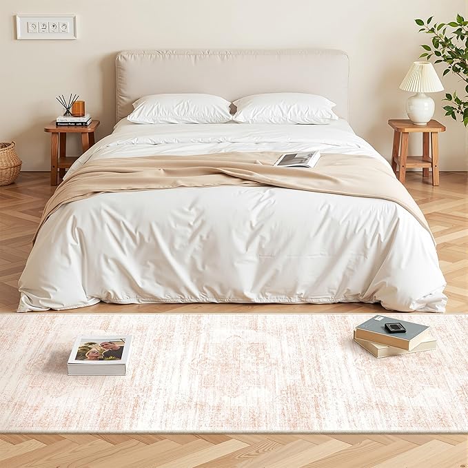 2x6 Runner Rug Non Slip for Entryway, Washable Runners for Kitchen, Soft Thin Hallway Rug for Bedroom, Laundry, Small Stain Resistant Indoor Door Mat(2'x6', Pink/White)