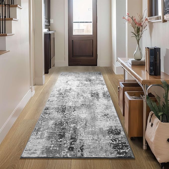 Ompaa Runner Rug for Hallways Kitchen Runner Rug Non Slip 2'6''x8' Washable Grey Long Runner Rugs with Rubber Backing Soft Abstract Carpet Runner for Entryway, Kitchen, Bedroom, Bathroom