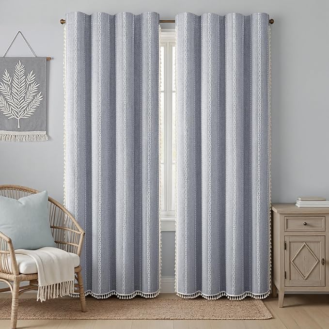 Blue Boho Blackout Curtains 2 Panels 84 Inch for Living Room Bedroom, Linen Texture Farmhouse Curtains with Tassels and White Cotton Embroidery Vintage Rustic Country Western