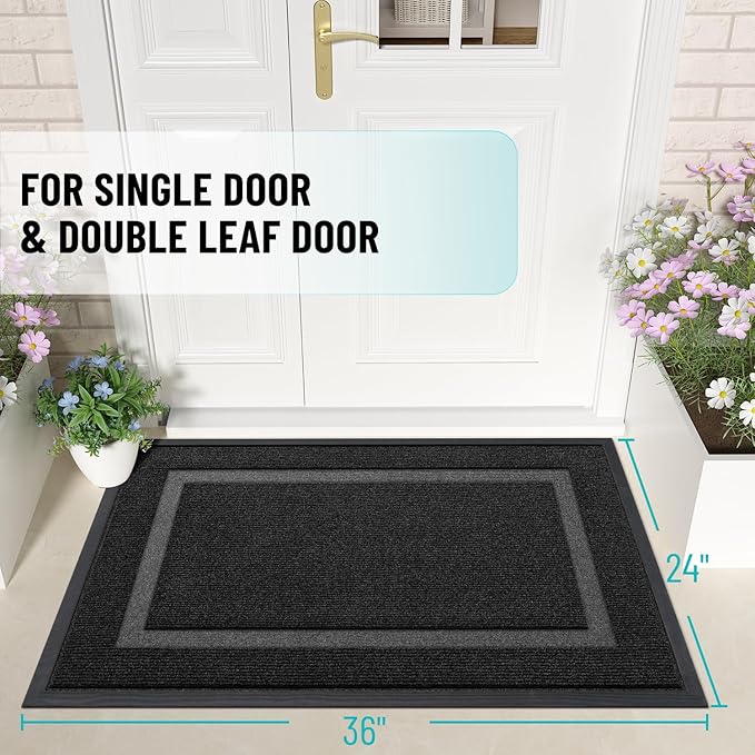 OLANLY Front Door Mat Indoor Outdoor Entrance, Waterproof All-Season, All-Weather Doormat, Sturdy Natural Rubber, Fade Resistant, Low Profile, Easy Clean Patio Porch Entryway Mat, 36x24, Black