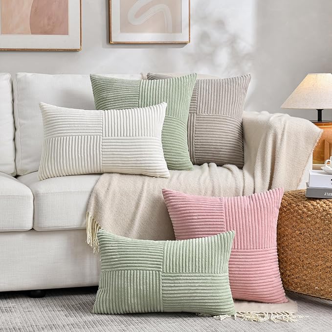 Fancy Homi 2 Packs Tan Decorative Throw Pillow Covers 20x20 Inch for Living Room Couch Bed Sofa, Farmhouse Boho Home Decor, Soft Corss Corduroy Patchwork Accent Square Beige Cushion Case 50x50 cm