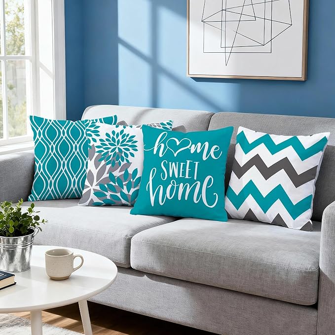 Hexagram Geometric Teal Pillow Covers 18x18 Set of 4, Decorative Outdoor Boho Modern Throw Pillow Covers, Home Sweet Home Farmhouse Cushion Case for Couch Sofa Bedroom Indoor Decor(No Insert)