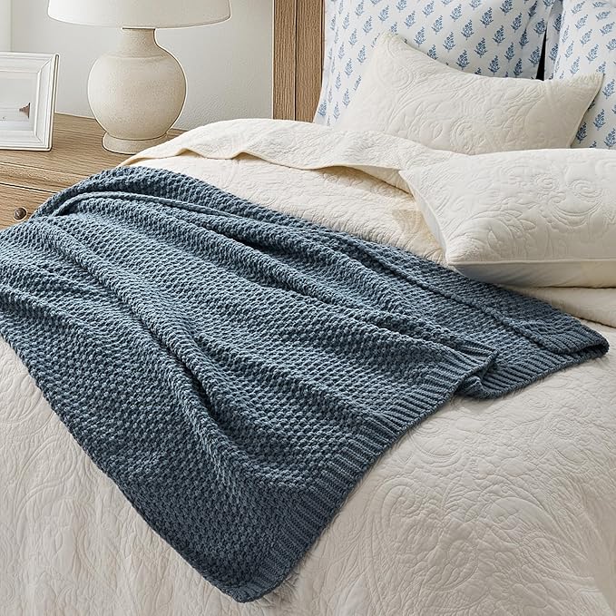 EVERGRACEHOME Chunky Chenille Knit Throw Blanket for Couch, Soft Luxurious Moss Stitch Blankets for Bed, Cozy Decorative Farmhouse Knitted Throws for Sofa, Stormy Blue, 60" x 80"