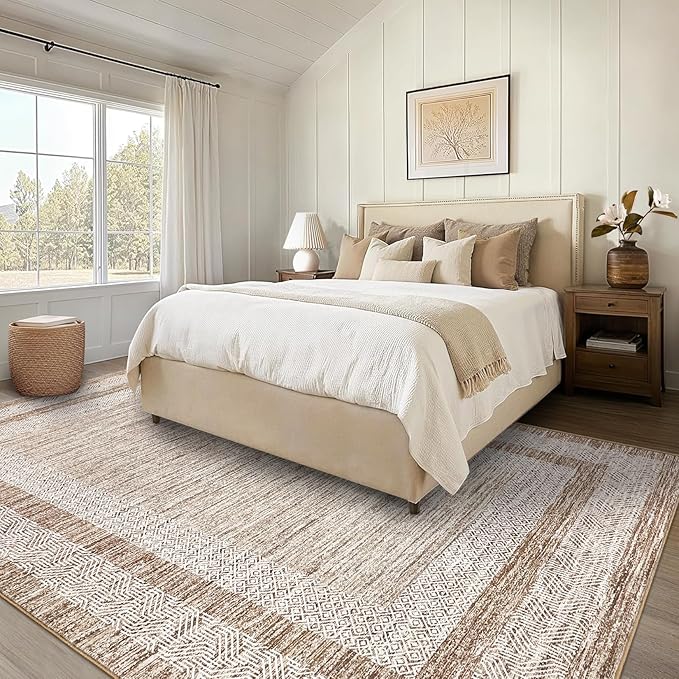 GarveeHome 6x9 Large Washable Area Rug Modern Bordered Rug Distressed Geometric Floor Carpet, Soft Non Slip Low Pile Non Shedding Rug, Indoor Brown for Bedroom, Living Room