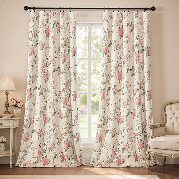 Vintage Floral Blackout Curtains 84 Inch, 2 Panels Spring Linen Texture Farmhouse Drapes for Living Room Bedroom Printed Flower Design Rod Pocket