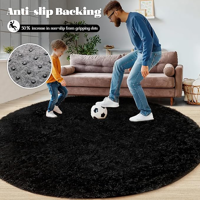 Black Round Rugs for Bedroom: 4ft Circle Fluffy Shag Soft Washable Rug Small Fuzzy Plush Indoor Carpet for Kids Girls Boys Nursery Dorm Classroom (Black, 4'x4')