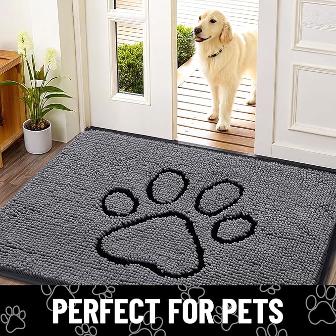 Smiry Dog Door Mat for Muddy Paws, Absorbent Dirt Trapper Non Slip Quick Dry Washable Chenille Mat for Mud Dogs, Entry Rug for Indoor and Outdoor (30x20 Inches, Dark Grey and Black)