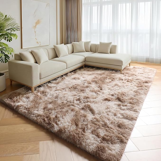 ONASAR Rugs for Living Room Bedroom, Tie-Dyed Beige 5x8 Fluffy Bedside Area Rug, Soft Plush Shaggy Indoor Floor Carpet for Nursery Kids Girls Boys Teen Dorm Home Office Decor Aesthetic
