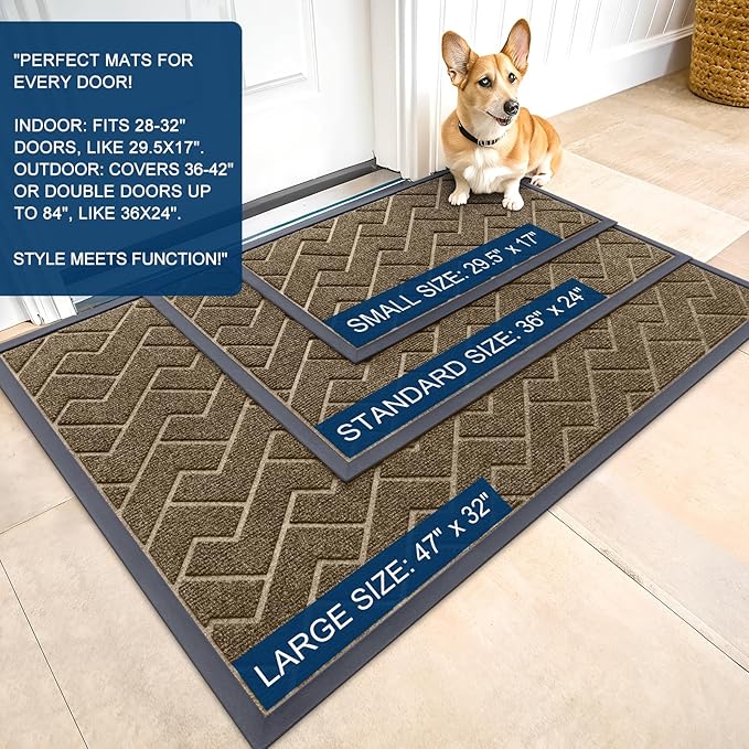 OLANLY Front Door Mat Indoor Outdoor Entrance, Waterproof All-Season, All-Weather Doormat, Sturdy Natural Rubber, Low Profile, Easy Clean Patio Porch Entryway Mat, Herringbone Brick (Brown, 47x32)