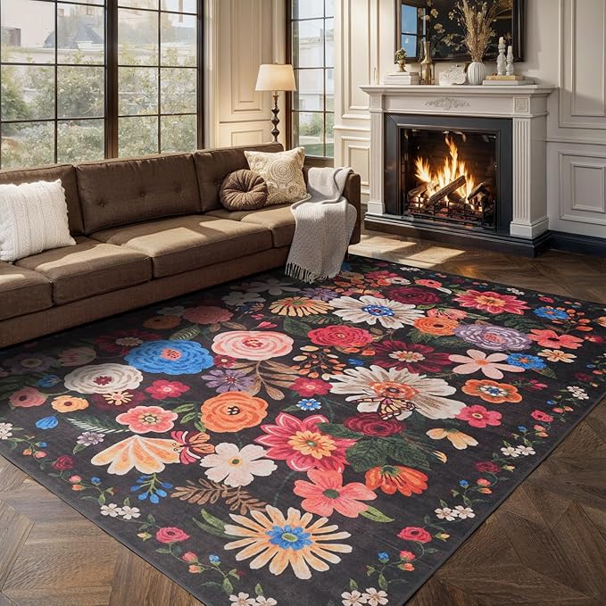 Washable Area Rug 8x10 Black/Brown, Large Soft Rugs for Living Room Floral Carpet 8x10 Area Rugs for Bedroom Dining Room Non-Slip Stain Resistant Under Table Rug (8 x 10, Black/Brown
