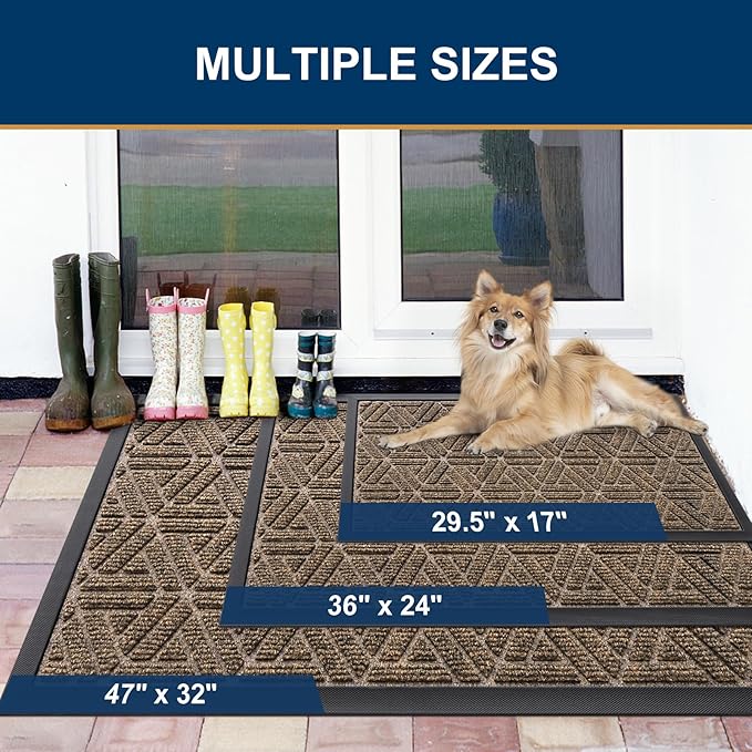 Smiry Front Door Mat Outside Entrance, Heavy Duty Sturdy Natural Rubber Doormat, Trap Dirt and Moisture, Easy Clean Low Profile Mats for Indoor Outdoor Entry, Grid Geometric (47x23, Brown)