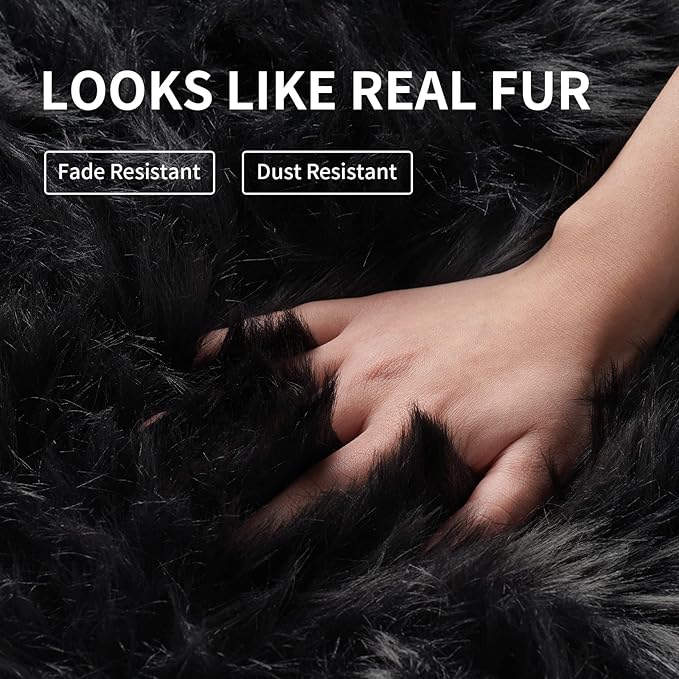 Faux Fur Rug for Bedroom, Fluffy Runner Rugs Soft Sheepskin Rug Sofa Couch Seat Cushion, 2x6ft Black Plush Area Rug Shag Rugs Floor Carpets for Nursery Bedside, Cute Shaggy Fuzzy Home Decor
