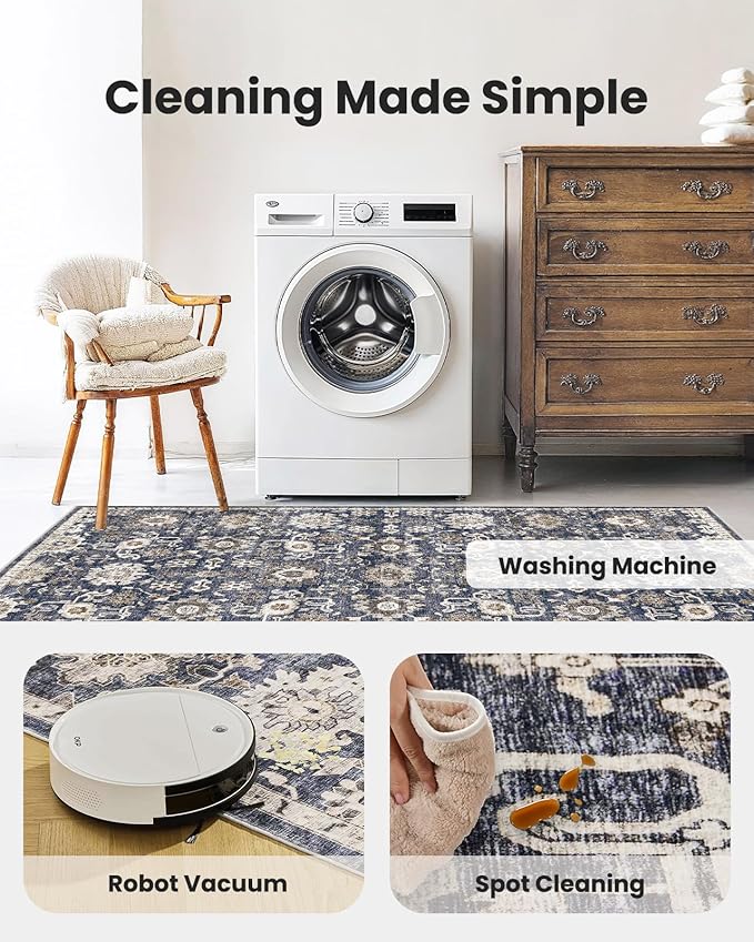 AMADA HOMEFURNISHING 2'6"x10' Washable Area Rug, Low-Profile Entryway Rug with Non-Slip Backing & Durable Edge Binding, Vintage Rug Pattern, Small Rugs for Entryway, Kitchen & Living Room