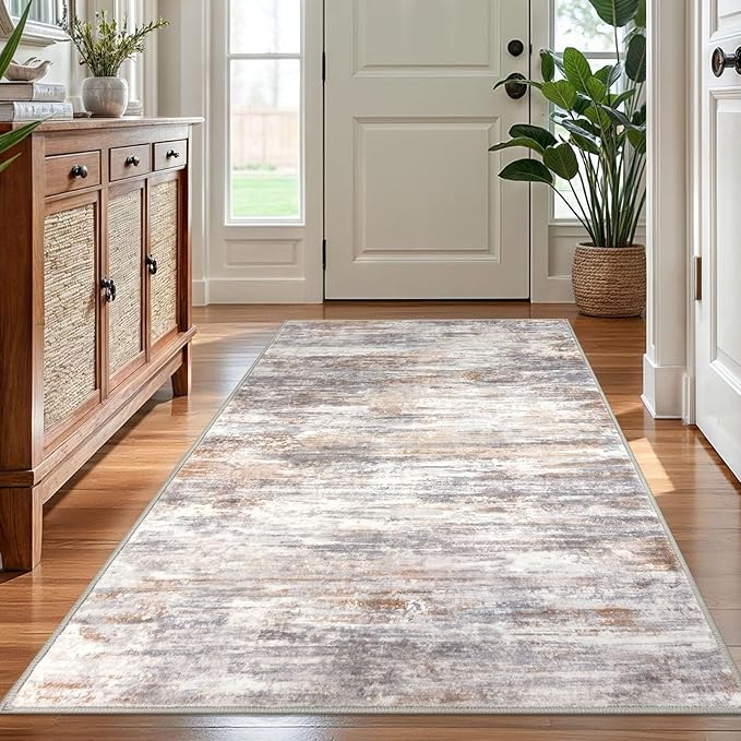 KOZYFLY Modern Abstract 4x6 Rug Washable Large Rugs for Entryway Non-Slip Soft Living Room Rug, Print Multi Grey/Orange Throw Rugs Indoor Mat for High-Traffic Door Entrance