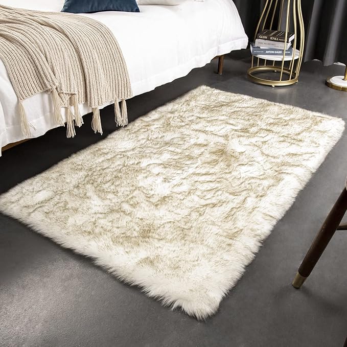 Ashler HOME DECO Soft Fox Faux Fur Chair Couch Cover Area Rug for Bedroom Floor Sofa Living Room White Brown Rectangle 3 x 5 Feet