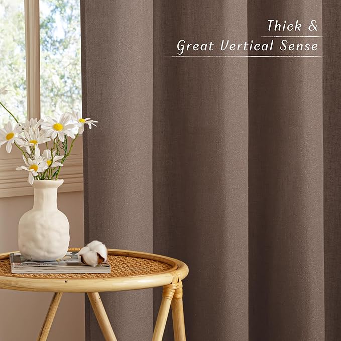 NICETOWN Linen Brown Curtains 96 inch Long, Grommet Privacy Added Thick Flax Window Treatments with Light Filtering Drapes for Bedroom/Farmhouse, W55 x L96, 2 Panels