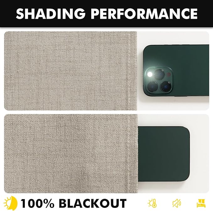 MIULEE 100% Blackout Linen Curtains for Bedroom, Stone Solid Luxury Decor Thermal Insulation Room Darkening Drapes for Living Room Nursery Back Tab Rod Pocket 42 x 90 Inches, 2 Panels