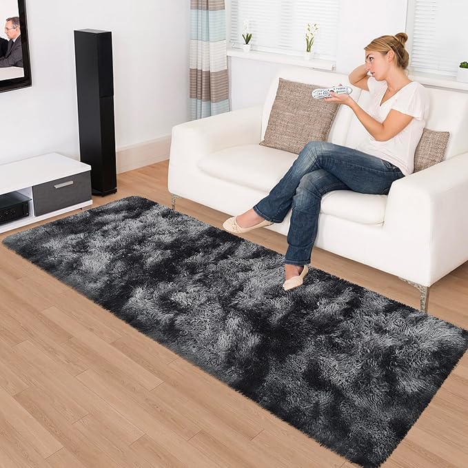 Tie-Dyed Runner Rug for Bedroom Black Grey 2x6ft Fluffy Area Rug Bedside Runner Rug for Kids Room Boys Teens Nursery Baby Living Room Dorm Home Decor Carpets