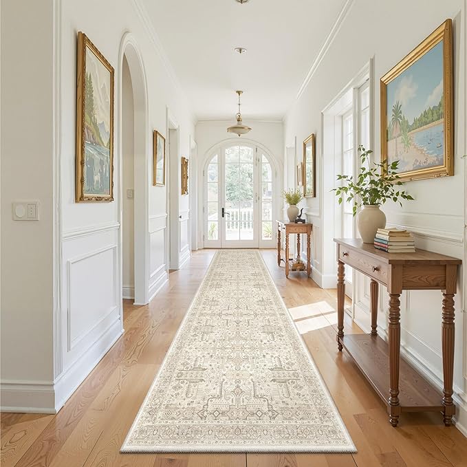 Hallway Washable Runner Rug 2x12 - Non Slip Vintage Kitchen Runner Rugs for Entryway Low-Pile Waterproof Long Runners for Living Room Bedroom Medallion Indoor Floor Mat for Bathroom Laundry Beige