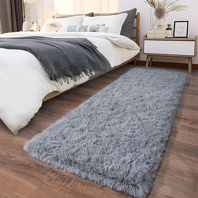 Fluffy Shag Runner Rugs for Bedroom Hallways, 2x8 Grey Long Soft Throw Area Rug Non Slip for Bedside Dorm, Shaggy Furry Carpet for Nursery Living Room Home Decor