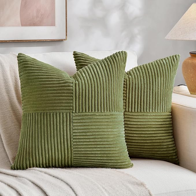 Fancy Homi 2 Packs Moss Green Samll Decorative Throw Pillow Covers 12x12 Inch with for Couch Bed Sofa, Rustic Farmhouse Boho Home Decor, Soft Corss Patchwork Corduroy Square Cushion Case 30x30 cm