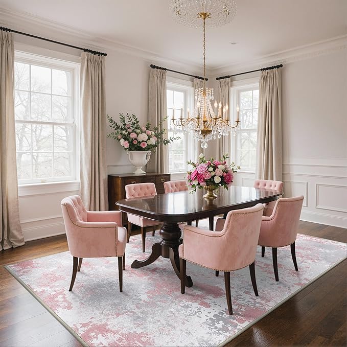 Area Rugs 5x7 for Living Room Bedroom, Modern Abstract Machine Washable Rug, Large Soft Low Pile Floor Carpet with Non Slip Backing for Dining Room, Light Pink