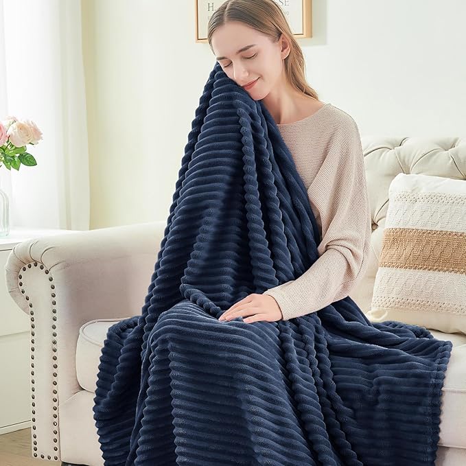 BEDELITE Fleece Throw Blanket for Couch – 3D Ribbed Jacquard Soft and Warm Decorative Fuzzy Blanket – Cozy, Fluffy, Plush Lightweight Navy Blue Throw Blankets for Bed, Sofa, 50x60 inches