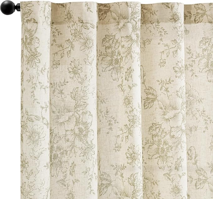 jinchan Linen Blend Floral Curtains for Living Room 54 Inch Length Farmhouse Printed Curtain Rod Pocket Back Tab Sage Green Peony Flower Patterned Drapes Bedroom Curtains Set 2 Panels