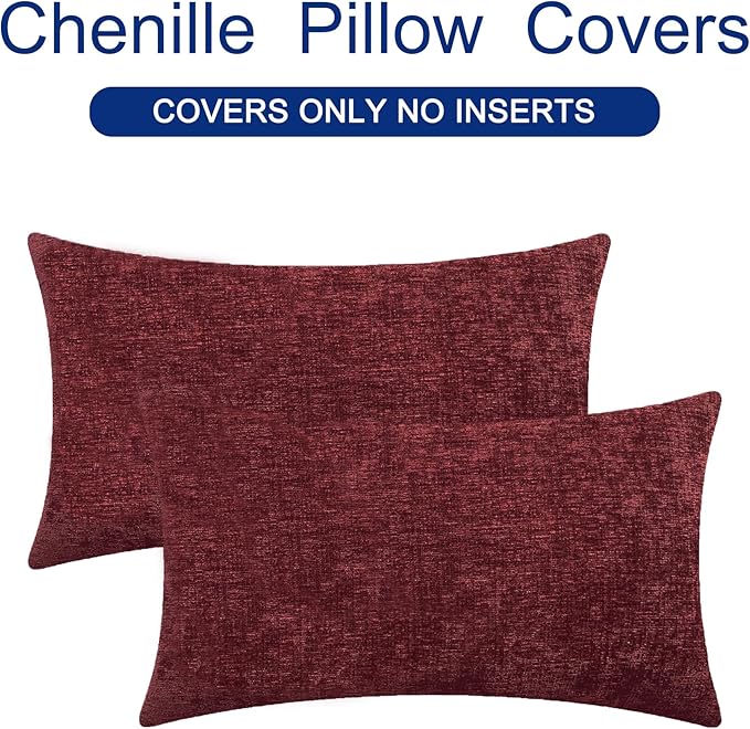 CaliTime Christmas Throw Pillow Covers Decorative 16 X 26 Inches Pack of 2 Cozy Chenille Cushion Cases for Couch Sofa Bed Living Room Home Burgundy