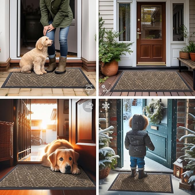 Smiry Front Door Mat Outside Entrance, Heavy Duty Sturdy Natural Rubber Doormat, Trap Dirt and Moisture, Easy Clean Low Profile Mats for Indoor Outdoor Entry, Grid Geometric (47x32, Brown)