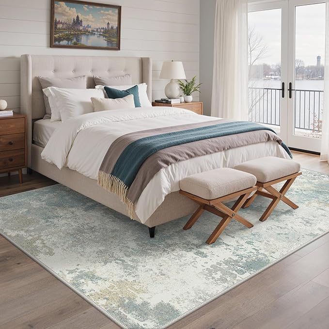 Area Rugs 5x7 for Living Room Bedroom, Modern Abstract Machine Washable Rug, Large Soft Low Pile Floor Carpet with Non Slip Backing for Dining Room, Light Cream Blue