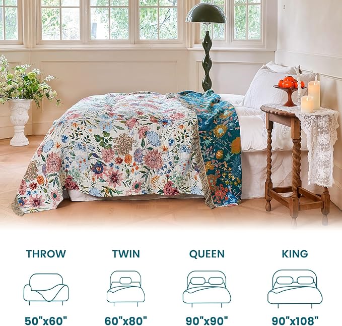 MSGKV Boho Throw Blanket 60"x80" Bed Floral 100% Cotton Blanket Spring Breathable Lightweight Farmhouse Twin Size Couch Blankets Home Decor Muslin Guaze All Seasons