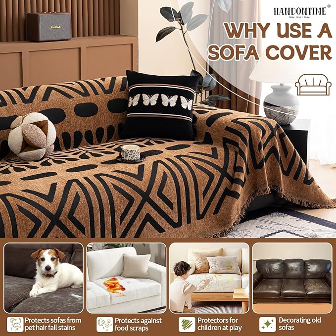 HANDONTIME Boho Couch Cover Geometric Striped Pet Covers for Couches and Sofas Copper Brown and Black Dog Cover for Couch Pet Friendly Chenille Sectional Sofa Covers for Pets Washable, 71" X 134"