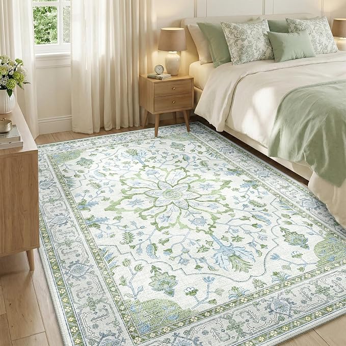 RELEANY Area Rugs 5'x7' Washable Non-Slip, Floral Vintage Distress Print Pattern Medallion Carpet for Living Room Bedroom Dining Room, Green White Blue