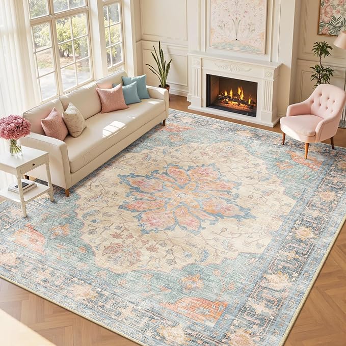RELEANY Area Rugs 9'x12' Washable Non-Slip, Floral Vintage Distress Print Pattern Medallion Carpet for Living Room Bedroom Dining Room, Blue Orange Red