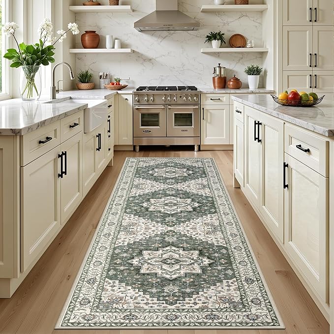 Hallway Runner Rug Non Slip - Washable 2.6x8 Kitchen Rugs for Living Room, Low-Pile Soft Bedroom Rug Indoor Floor Stain Resistant Carpets for Entryway, Laundry, Bathroom Green Ivory