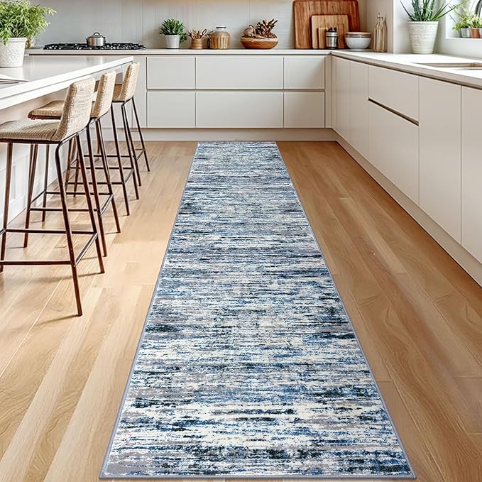 Lansny Modern Abstract Runner Rug 2.6x12, Grey Blue White Washable Long Kitchen Runner Non-Slip Soft Hallway Rug Runner Thin Print Faux Wool Carpet for Entryway Bedroom Laundry Room Indoor Home Decor