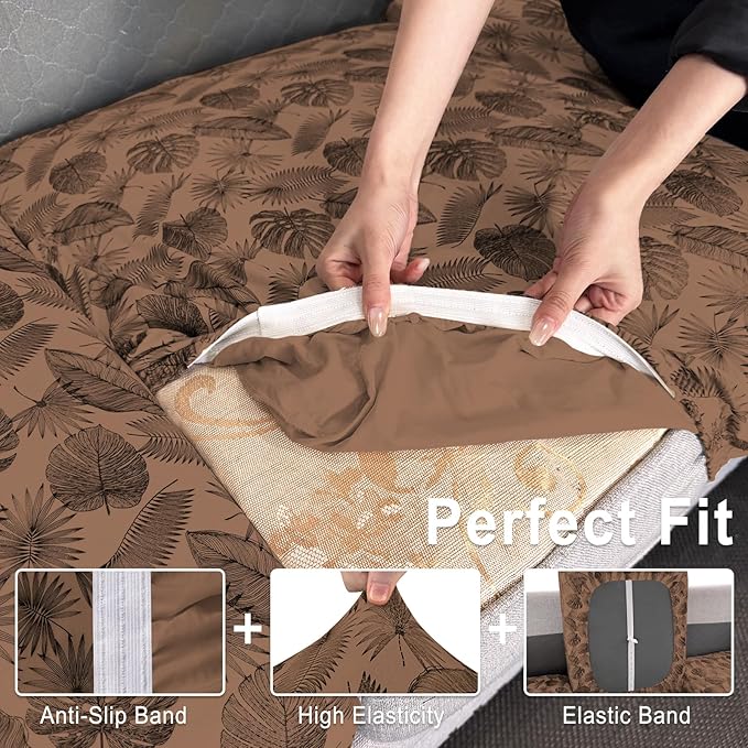 Leather Look Couch Cushion Covers Sofa Seat Slipcovers Sets Couches Furniture Protector for Sectional Armchair Loveseat Pets Kids Stretch Spandex Fabric (3 Cushion Sofa, Brown Leaf)