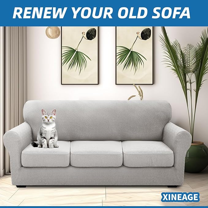 XINEAGE 2026 New 4 Pieces Couch Covers for 3 Cushion Couch Super Stretch Thick Soft Sofa Cover Anti Slip Sofa Slipcover Dogs Cats Furniture Protector (Silver Grey, 71"-91")