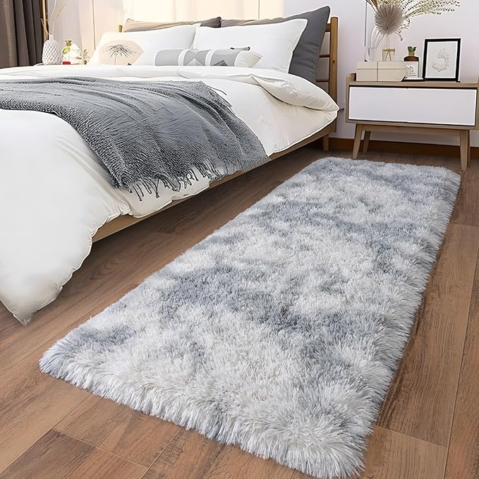 Ultra Soft Runner Rugs for Bedroom Hallways with Upgraded Non-Slip Rubber Backing & Thick Memory Sponge, 2x5 Feet Fluffy Shag Throw Area Rug for Bedside Dorm Tie-dye Light Grey