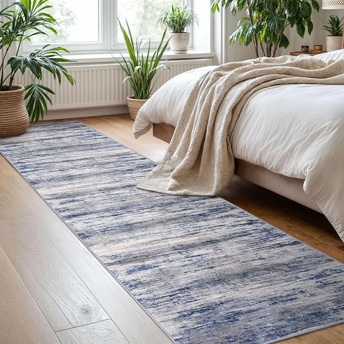 KOZYFLY Modern Abstract Washable Rug Runner 2x8 Hallway Runner Rug Non-Slip Soft Kitchen Runner Rugs, Print Grey-Blue Striped Carpet Runner for Entryway Bathroom Laundry Room Foyer