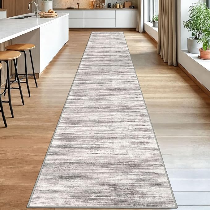 KOZYFLY Modern Abstract Washable Long Runner Rug 2.6x18 Hallway Rug Runner Non-Slip Soft Stair Runner Rugs, Grey/Light Beige/Brown Striped Carpet for Kitchen Entryway Bathroom