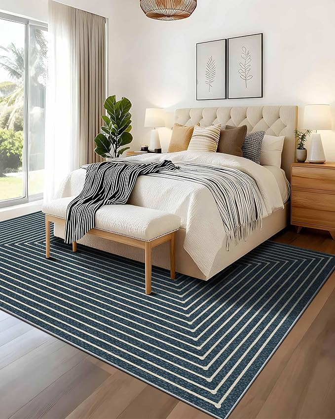 Latte&Fog 8x10 Area Rugs for Living Room, Large Modern Abstract Washable Rug, Boho Non Slip Low Pile Carpet for Indoor Bedroom Dining Room, Office, Dorm, Classroom, Farmhouse and Kids Room - Blue