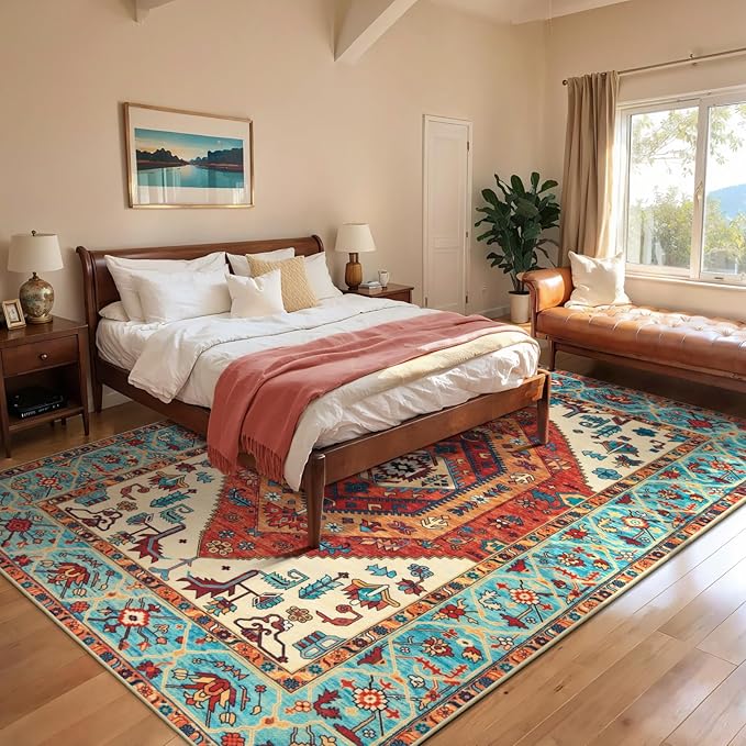 SERISSA Boho Area Rug 8x10 Orange, Washable Large Rugs for Living Room, Ultra Soft Non-Slip Bedroom Rug Print Distressed Vintage Tribal Farmhouse Carpet Rug for Dining Room Dorm Office Home Decor
