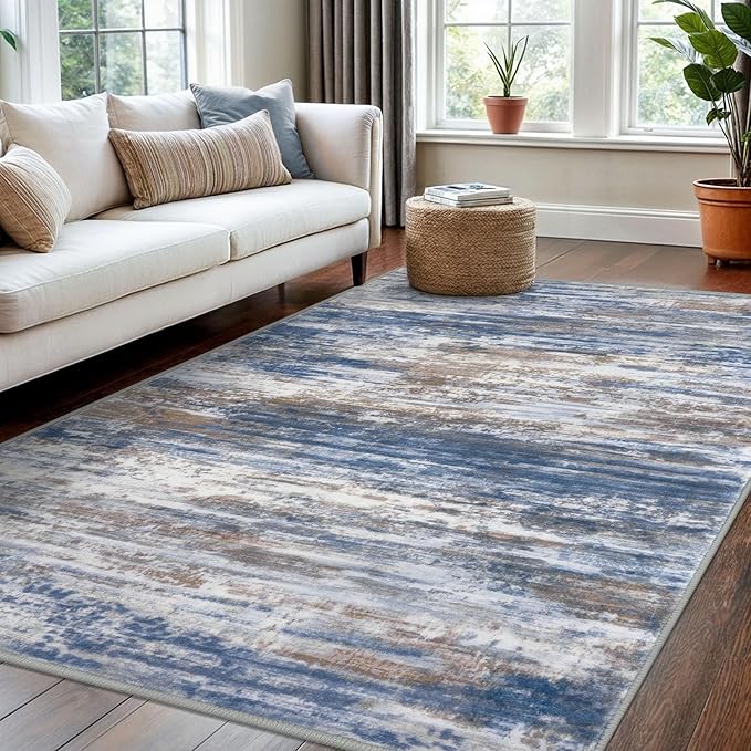 KOZYFLModern Abstract 4x6 Ft Washable Large Rugs for Entryway Non-Slip Soft Living Room Rug, Print Blue Rust Throw Rugs Indoor Mat for High-Traffic Door Entrance, Laundry, Nursery, Bedroom