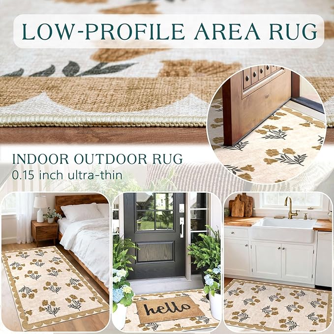 Floral Outdoor Rug - 28" x 43" Front Door Mat Indoor Outside Entrance Non-Slip Washable Outdoor Mat Beige Vintage Farmhouse Rug for Entryway Kitchen Bedroom Layered Doormat for Front Porch